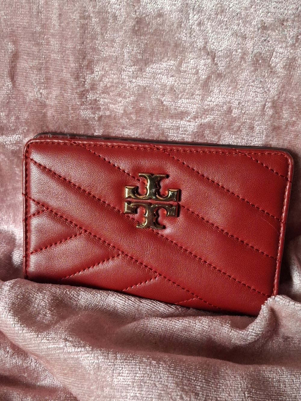 Tory Burch Brick Red Quilted Leather Bifold Wallet with Gold Logo